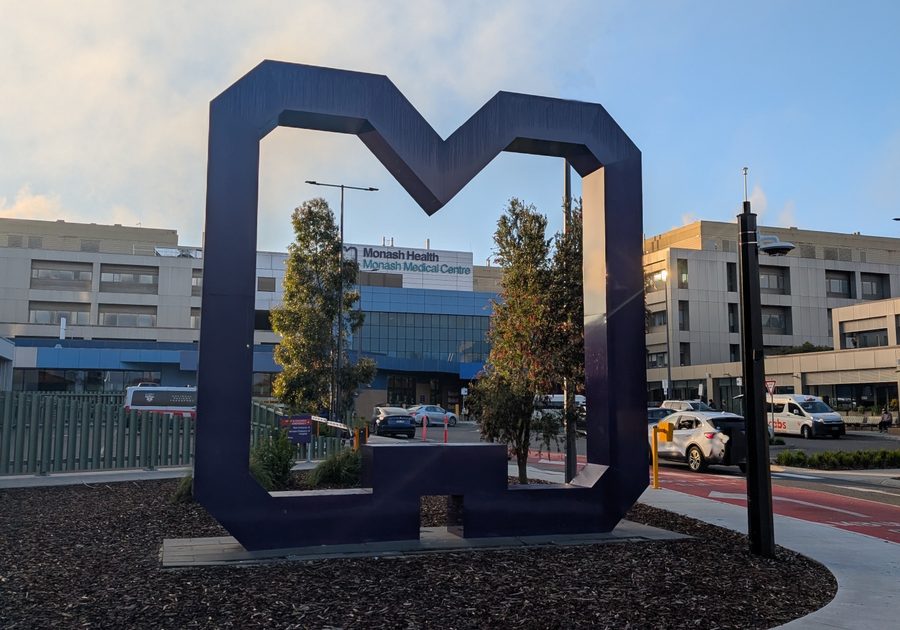 The Monash Health "M" sculpture outside the Monash Medical Centre entrance
